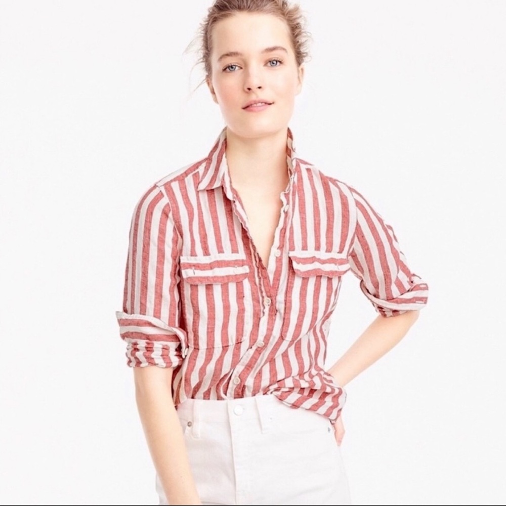 J Crew striped linen button down shirt red white 6
